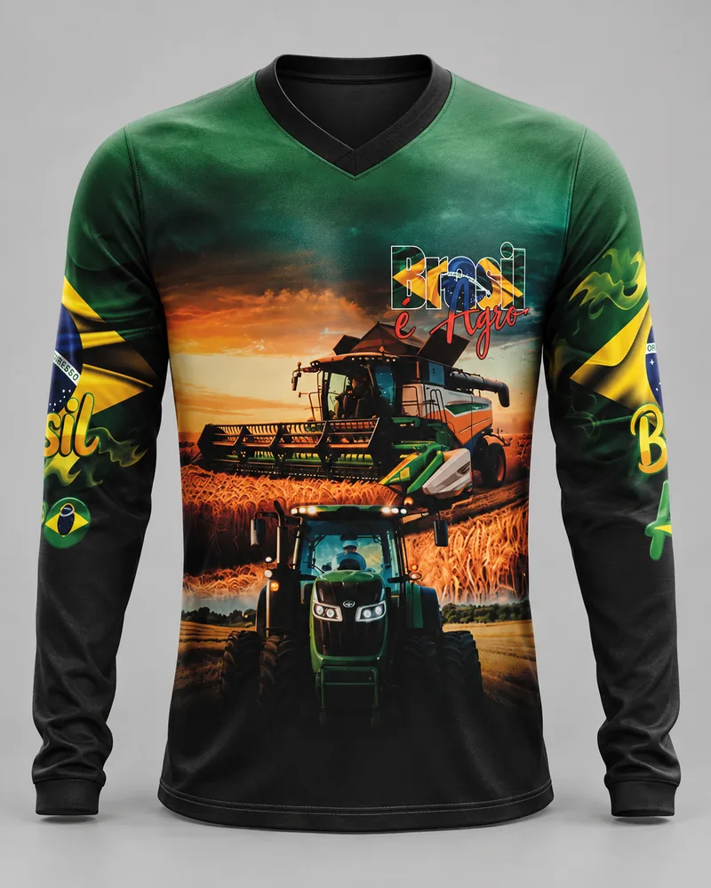 Mockup frontal da sublimada Brasil É Agro Máquinas no Campo, verde escuro e laranja