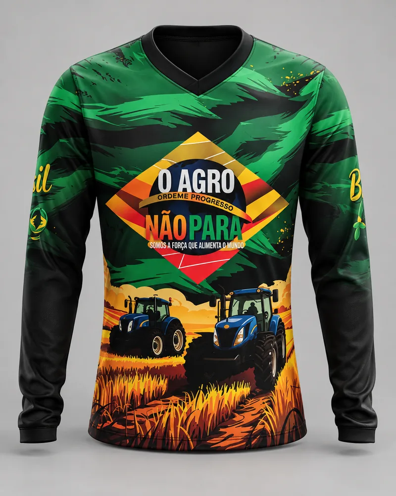 Mockup frontal da sublimada O Agro Não Para Campo Ilustrado, verde, preto e laranja