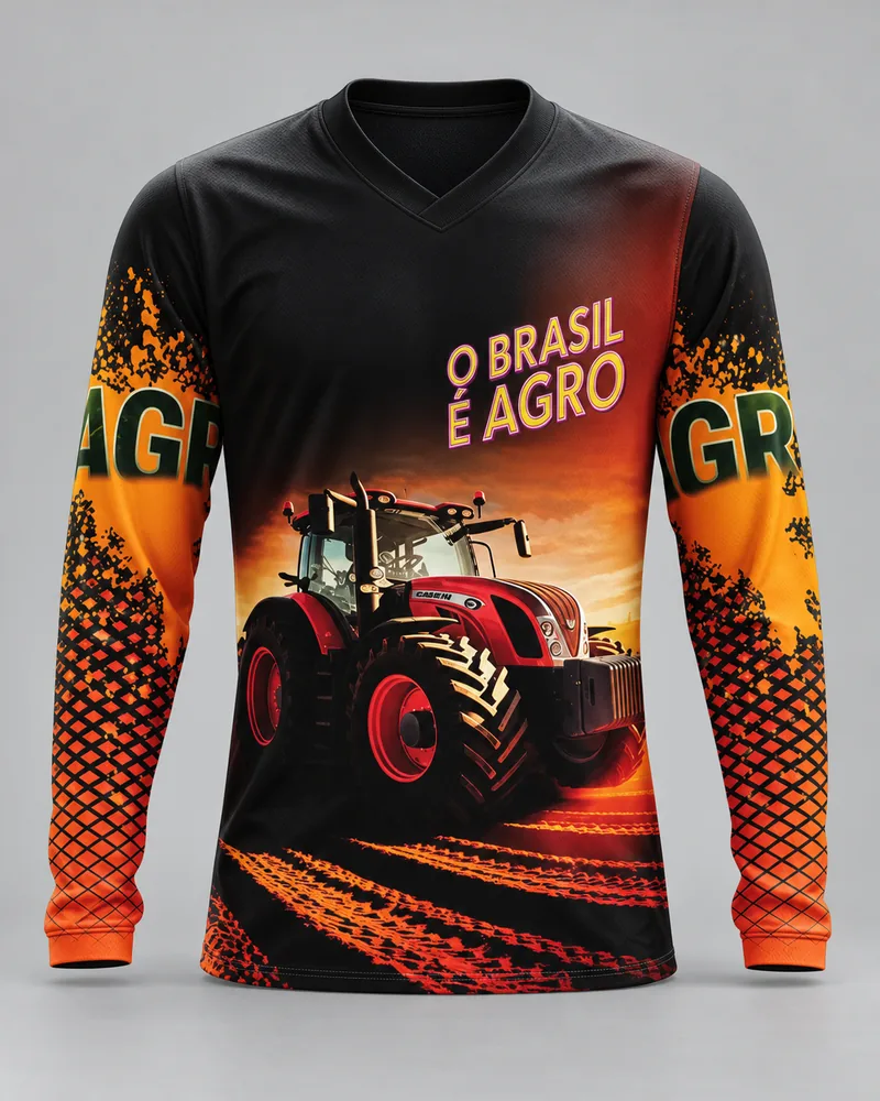 Mockup frontal da sublimada O Brasil É Agro Terra Laranja, preto e laranja