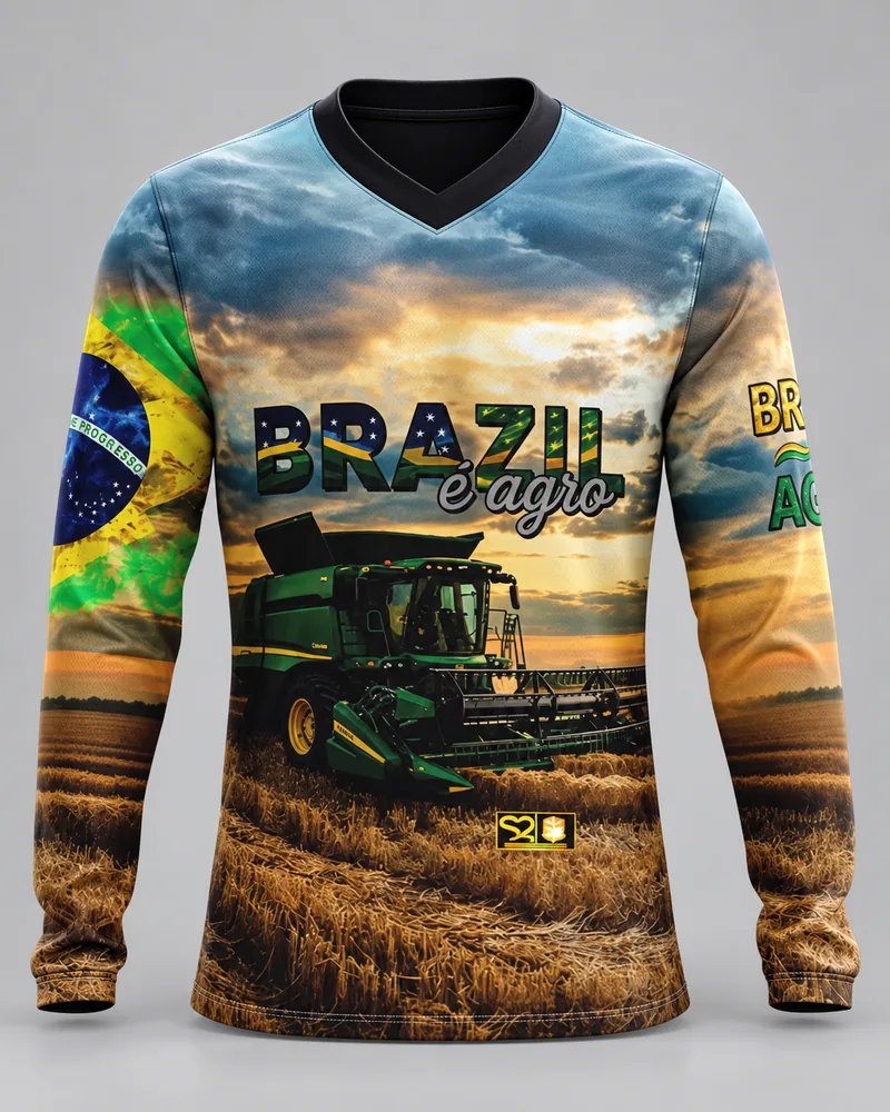 Mockup frontal da sublimada Colheita ao Entardecer, dourado e azul acinzentado