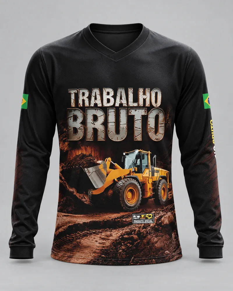 Mockup frontal da sublimada Trabalho Bruto Pá Carregadeira, preto e amarelo