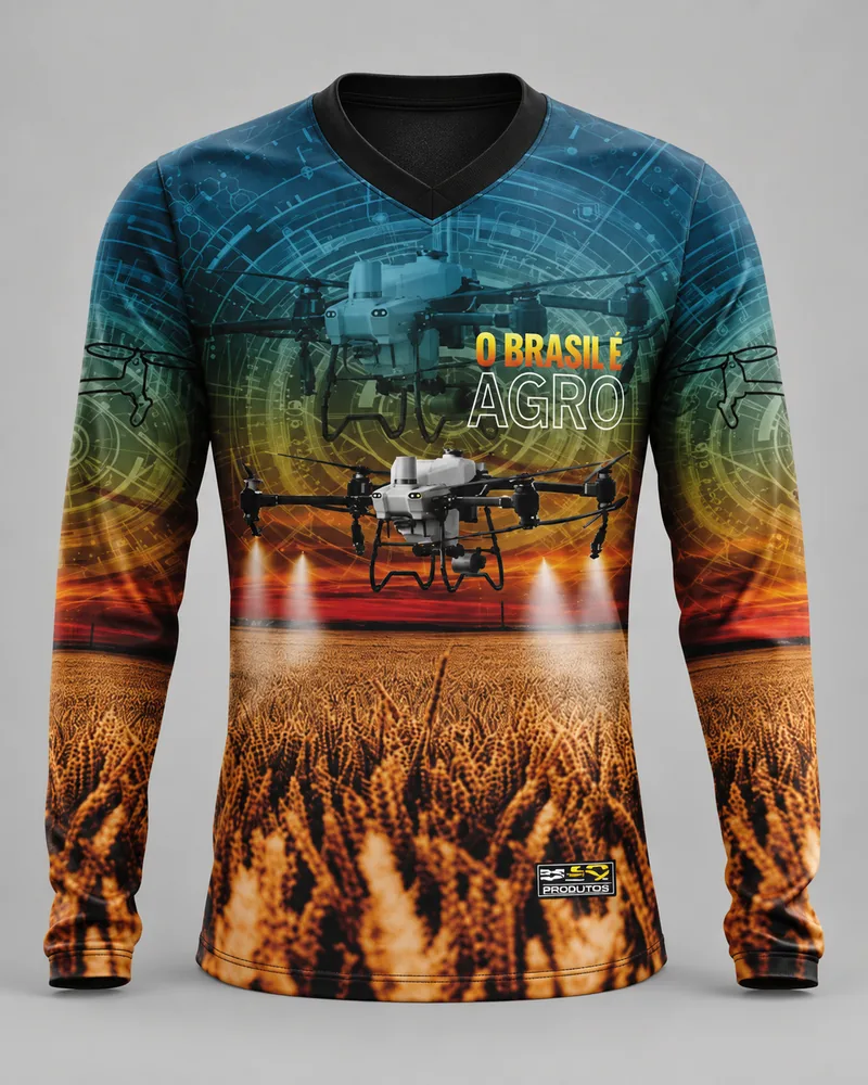 Mockup frontal da sublimada Drone Agrícola Horizonte, azul petróleo e dourado