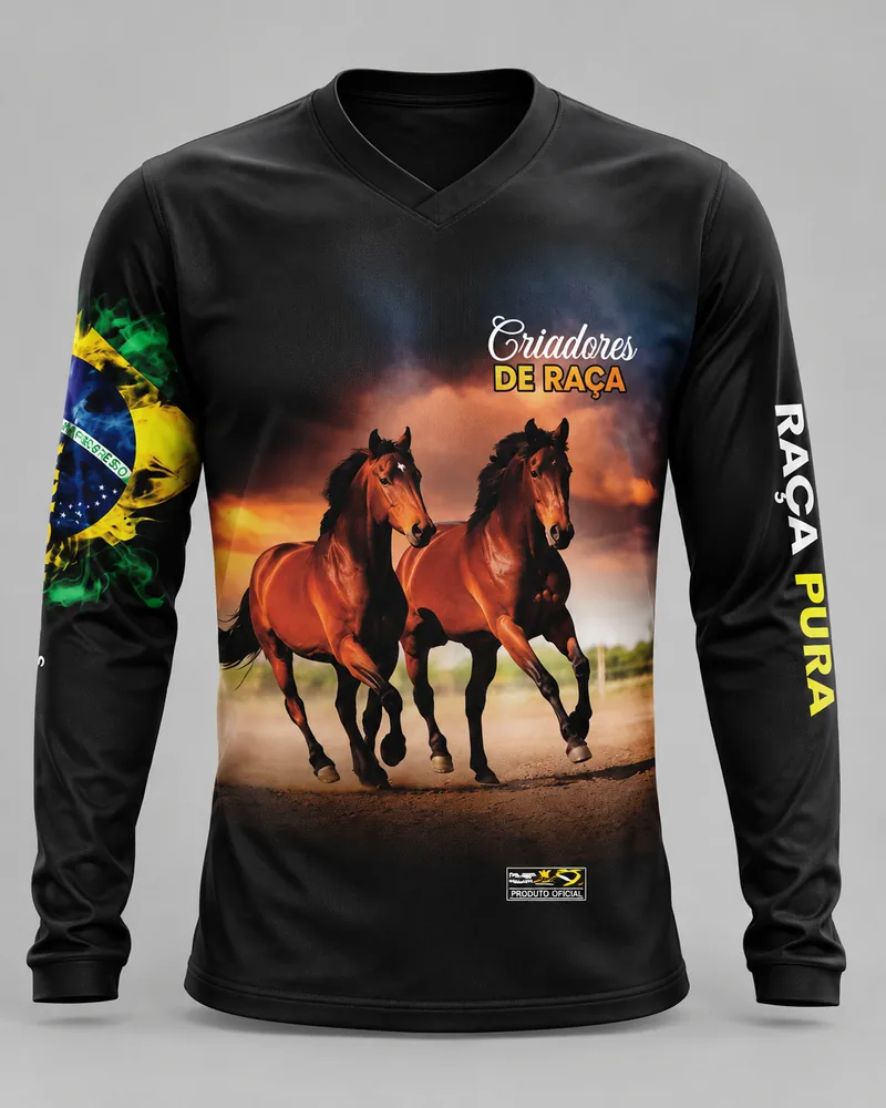 Mockup frontal da sublimada Criadores de Raça Cavalos, preto e marrom