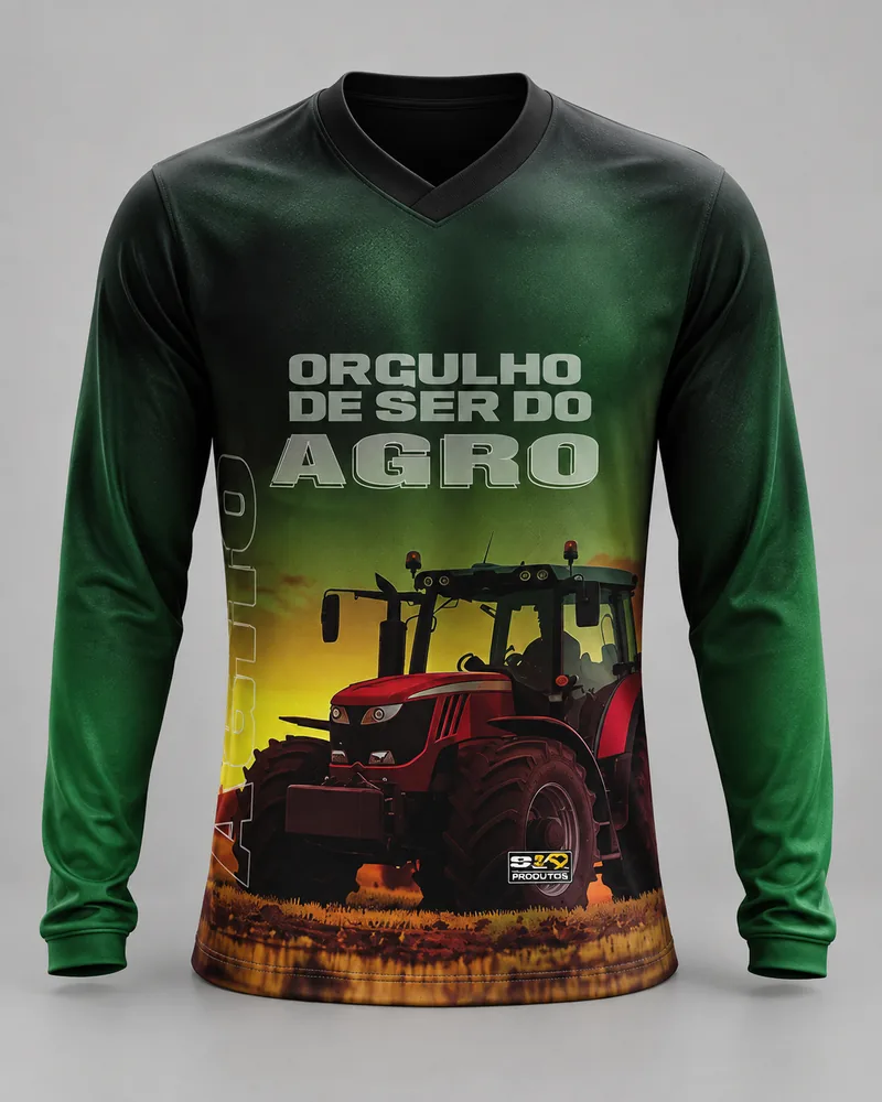 Mockup frontal da sublimada Orgulho do Agro Verde, verde escuro e dourado