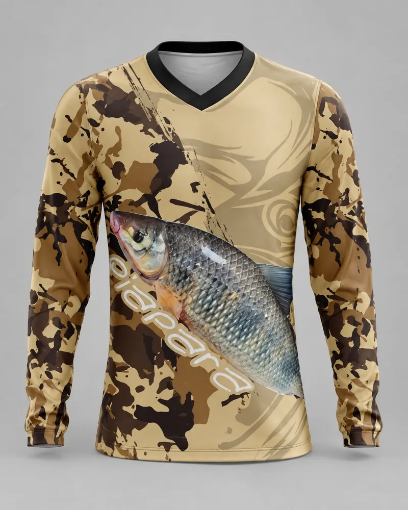 Mockup frontal da sublimada Peixe Prateado Areia, areia e marrom