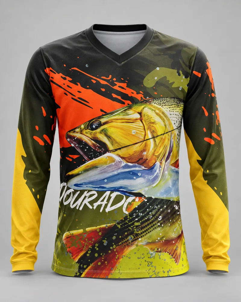 Mockup frontal da sublimada Dourado Explosão Laranja, laranja, amarelo e verde