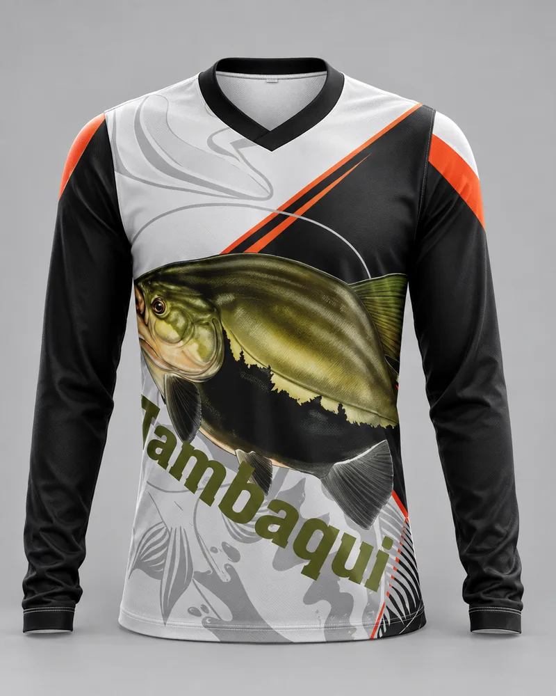 Mockup frontal da sublimada Tambaqui Geométrico, preto e cinza com laranja