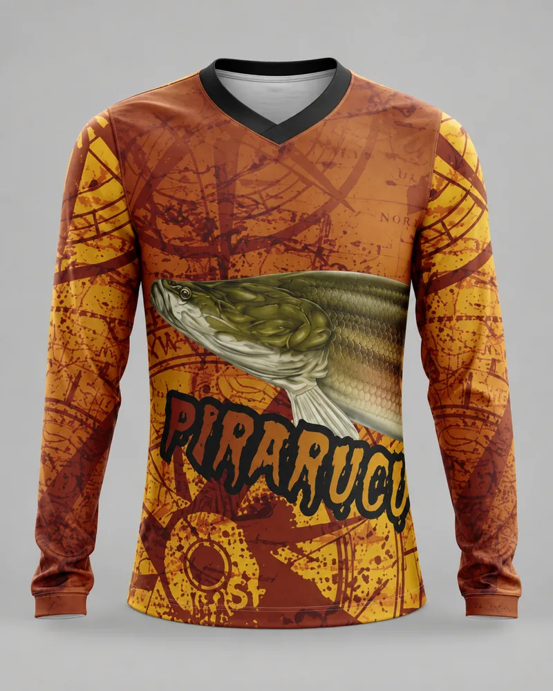 Mockup frontal da sublimada Pirarucu Navegação Âmbar, âmbar e marrom