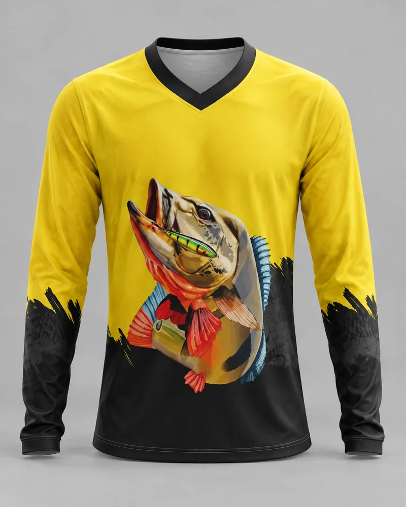 Mockup frontal da sublimada Ataque à Isca Amarelo, amarelo e preto