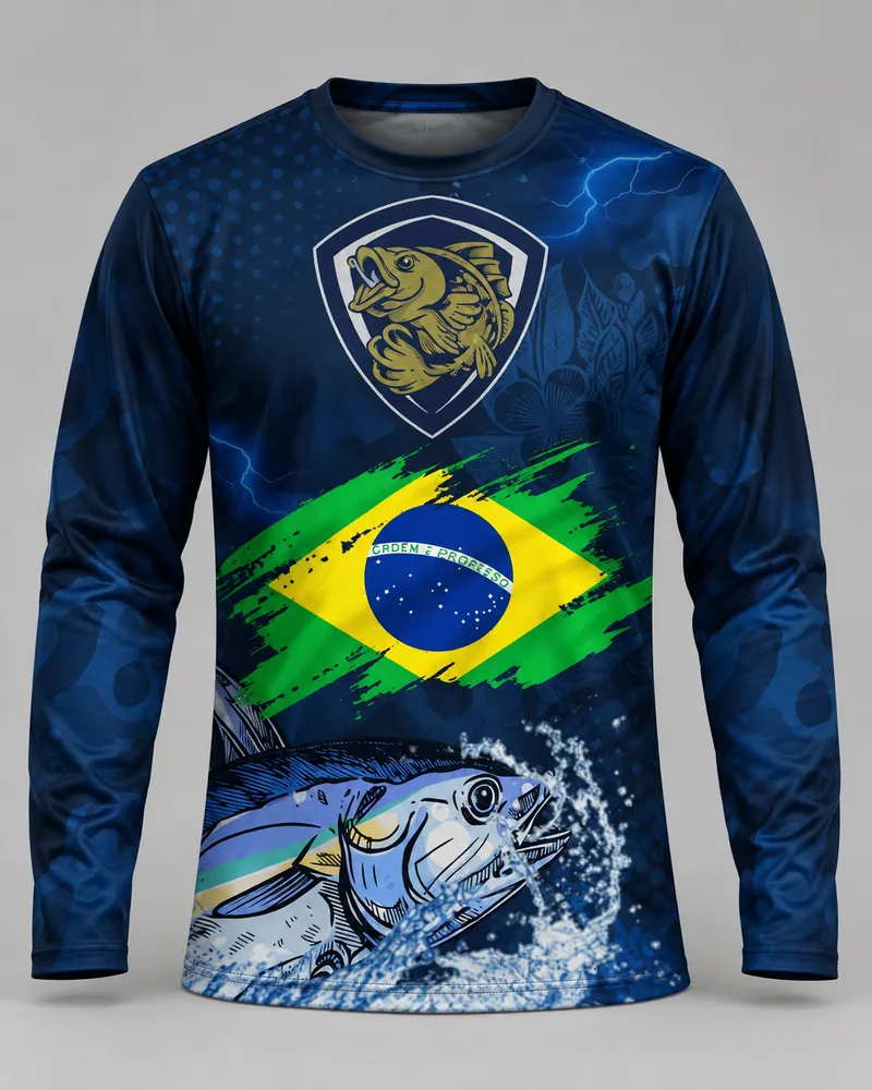 Mockup frontal da sublimada Brasil Azul Profundo, azul-marinho