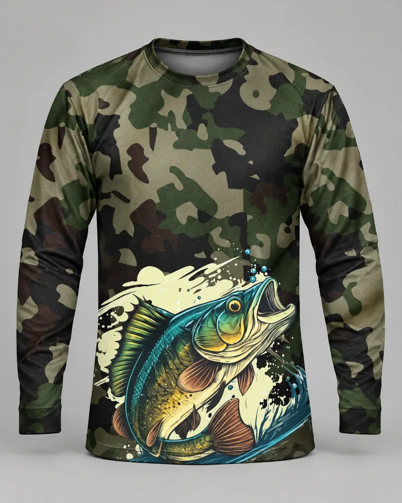 Mockup frontal da sublimada Pesca Camuflagem Verde, verde militar e preto