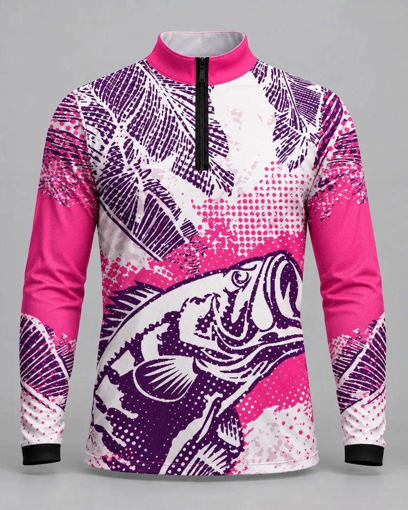 Mockup frontal da sublimada Rosa dos Ventos Pink, pink, branco e roxo