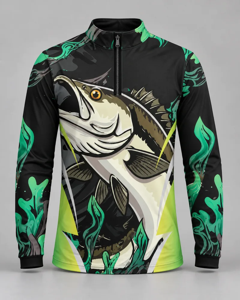 Mockup frontal da sublimada Peixe e Algas Verde, preto e verde
