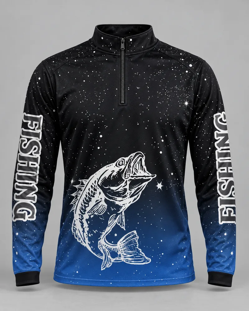 Mockup frontal da sublimada Pesca Noite Estrelada, preto e azul