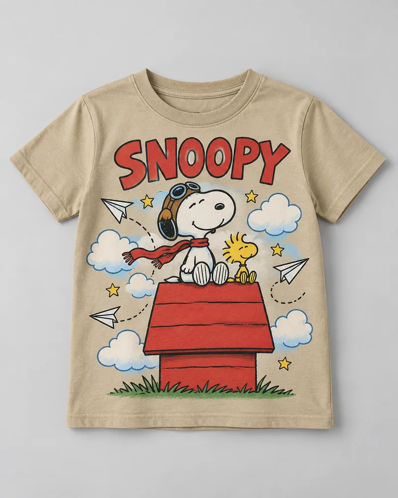 Proposta da camiseta Snoopy — Pequeno aviador, areia