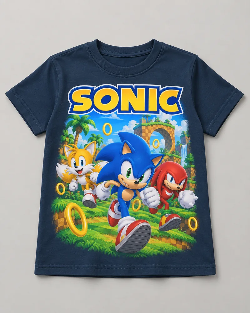 Proposta da camiseta Sonic — Amigos velozes, azul-marinho