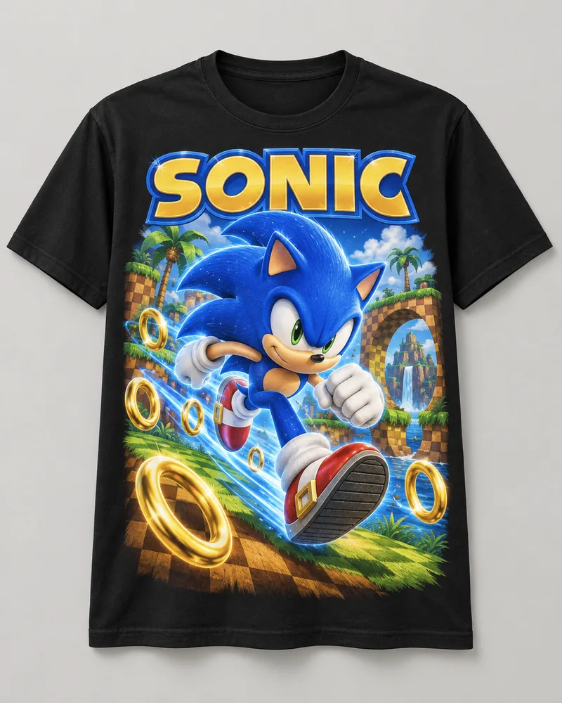 Proposta da camiseta Sonic — Velocidade azul, preto
