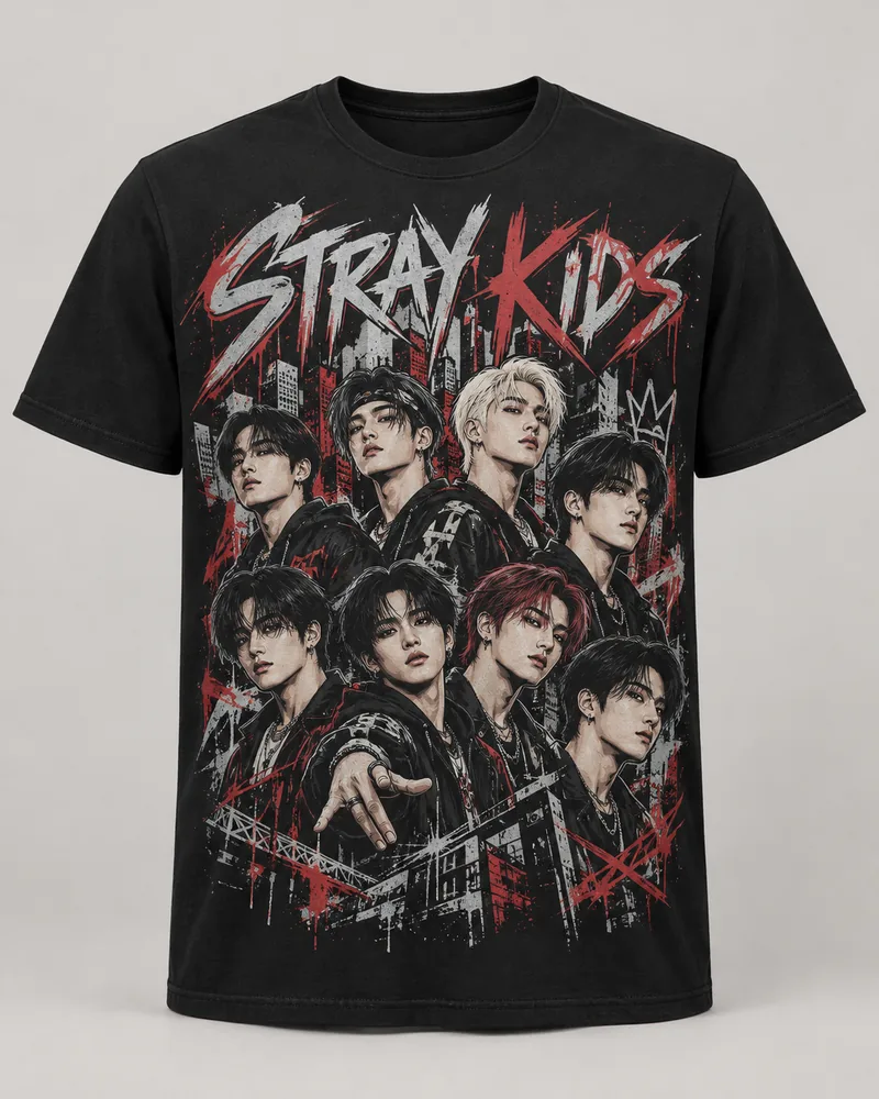 Proposta da camiseta Stray Kids — Distrito vermelho, preto