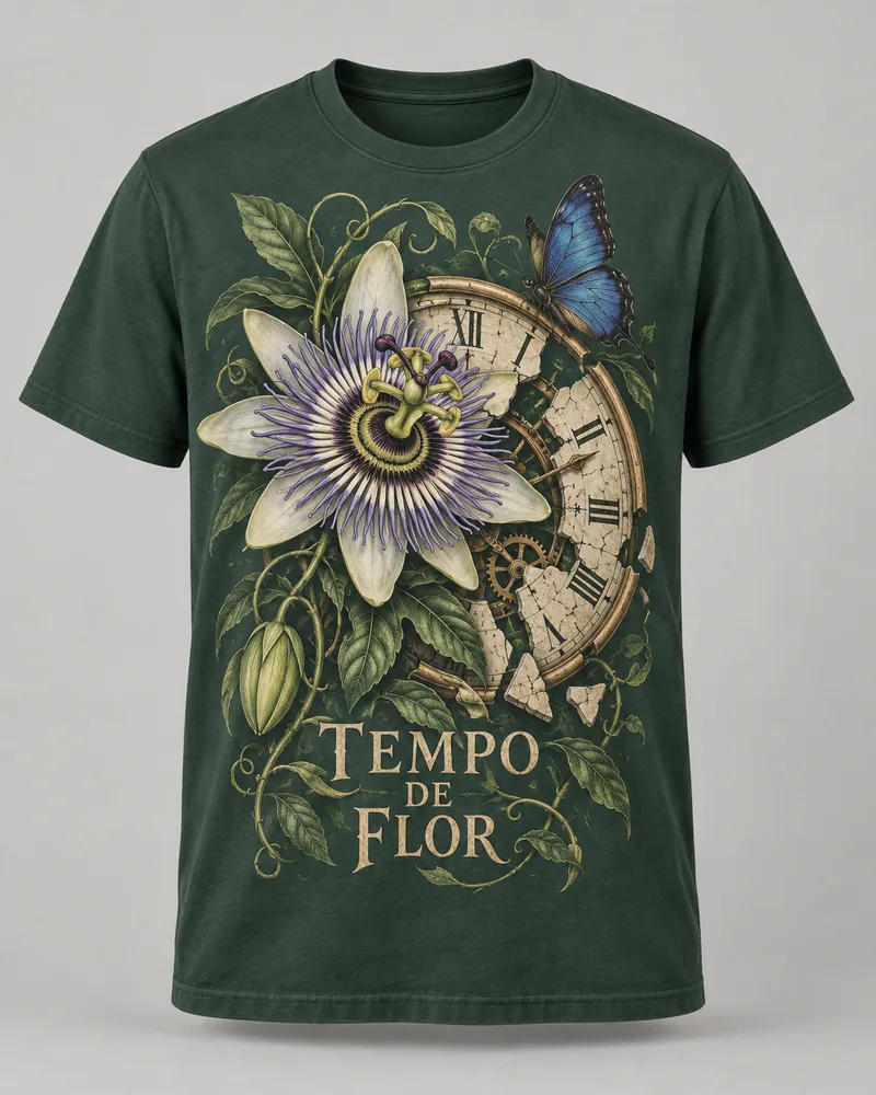 Proposta da camiseta Tempo de flor — Ciclos, verde-floresta