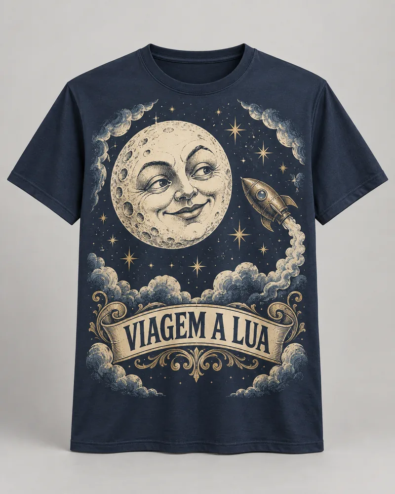 Proposta da camiseta Viagem à Lua — Cinema 1902, azul-marinho