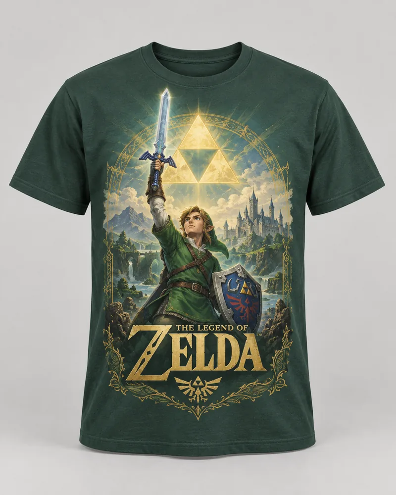 Proposta da camiseta Zelda — Ecos de Hyrule, verde-floresta