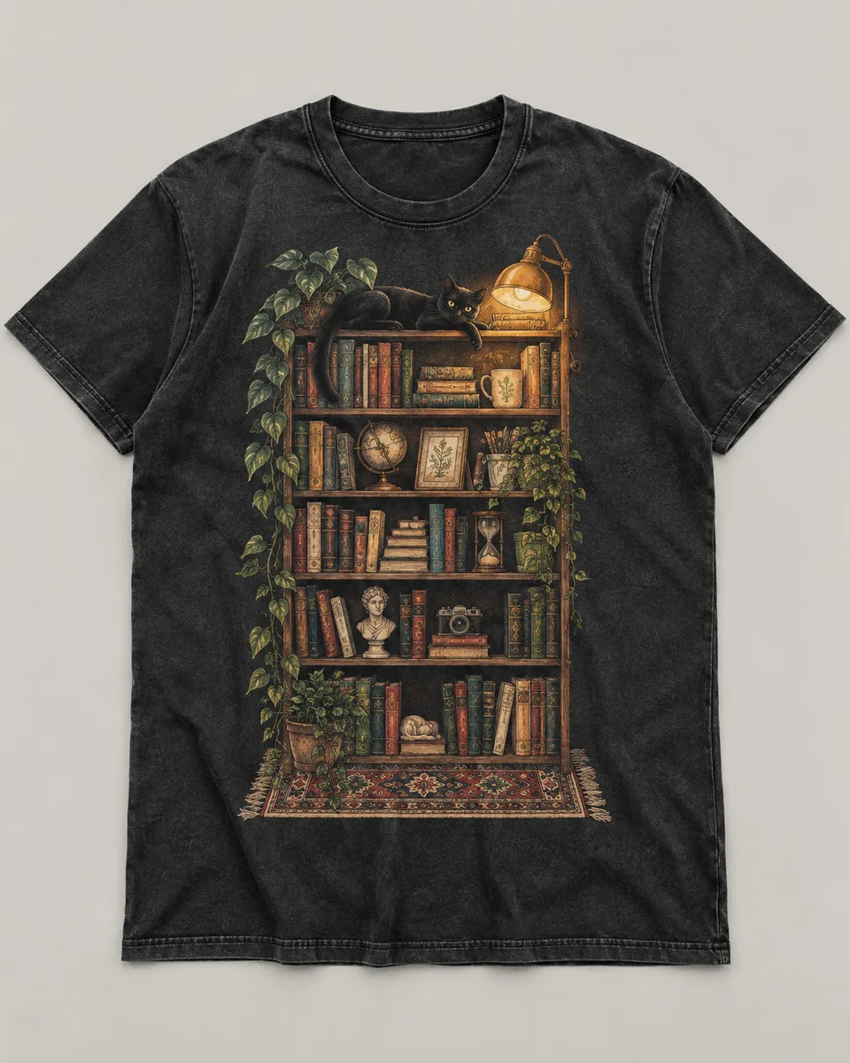 Proposta da camiseta Biblioteca noturna, preto