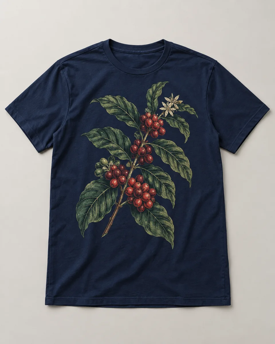 Proposta da camiseta Café de origem, azul-marinho