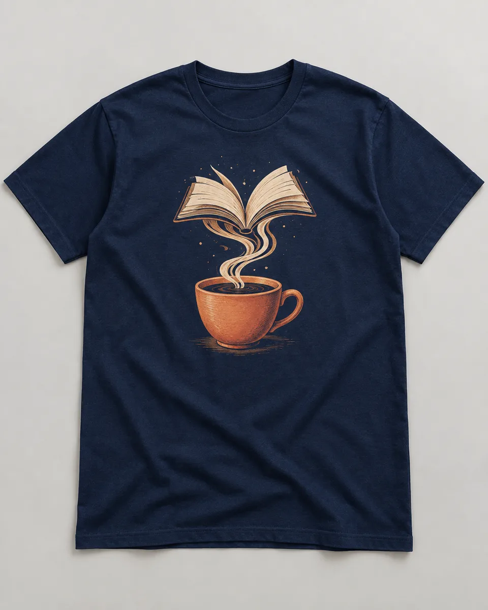 Proposta da camiseta Café & capítulo, azul-marinho