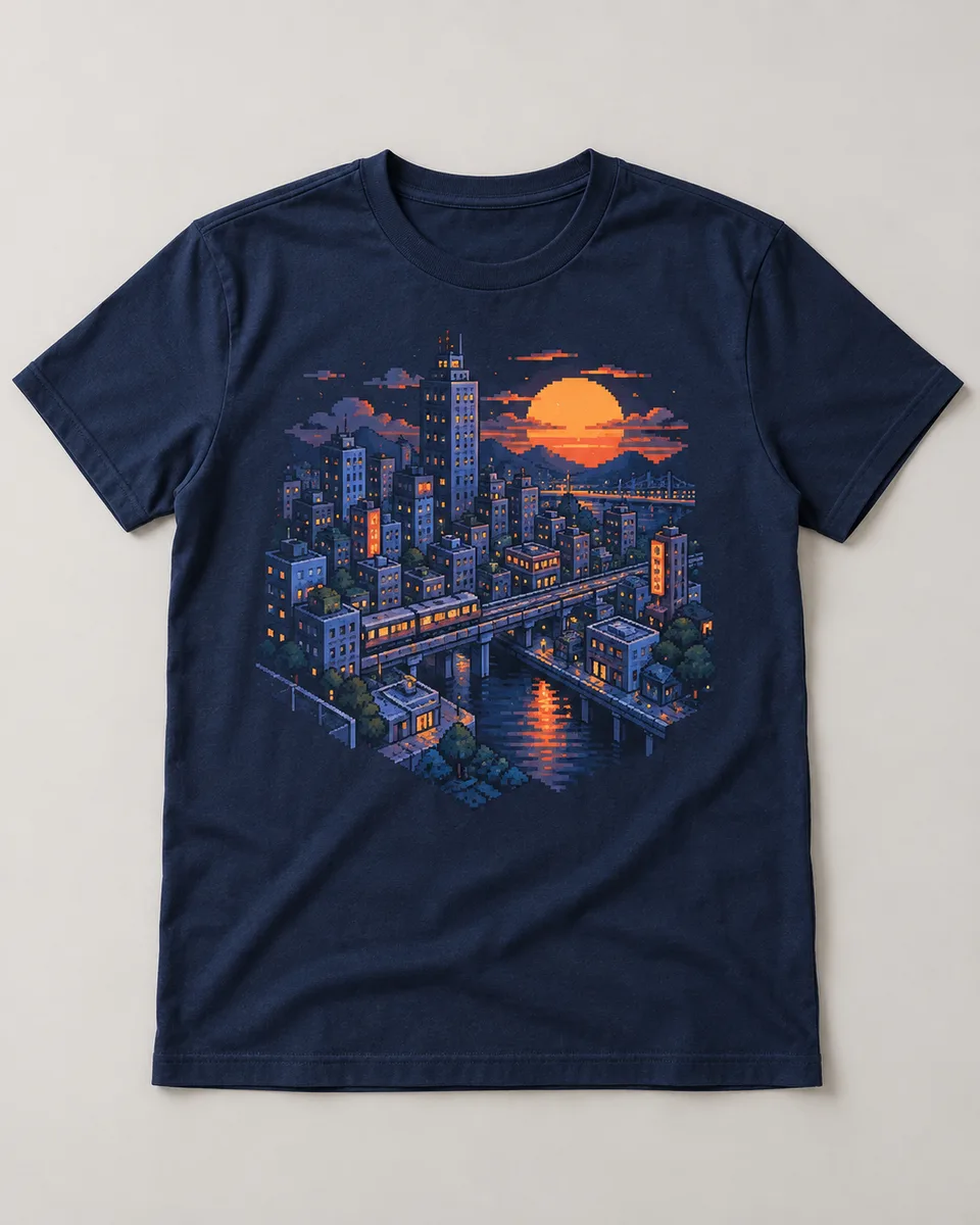 Proposta da camiseta Cidade de pixels, azul-marinho