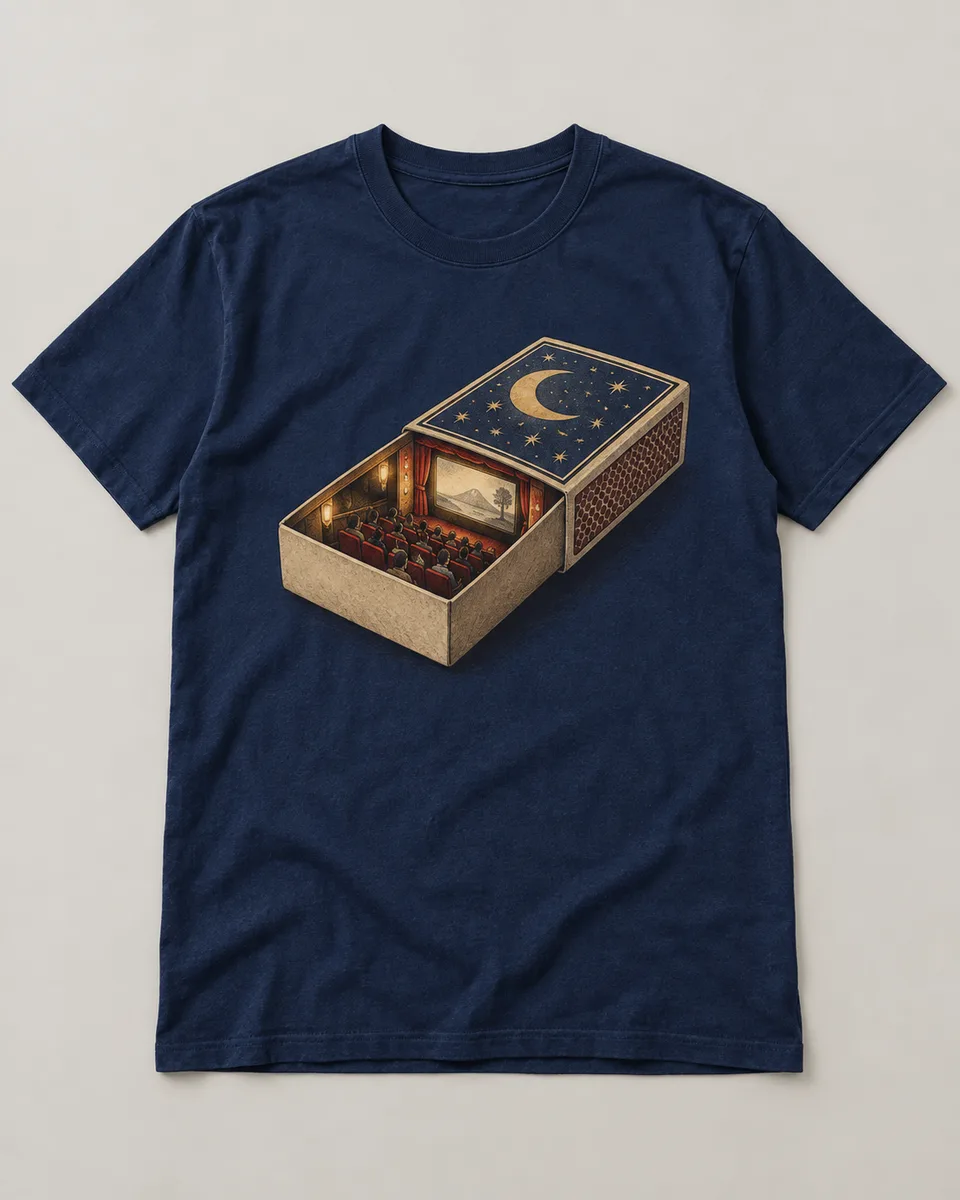 Proposta da camiseta Cinema de bolso, azul-marinho