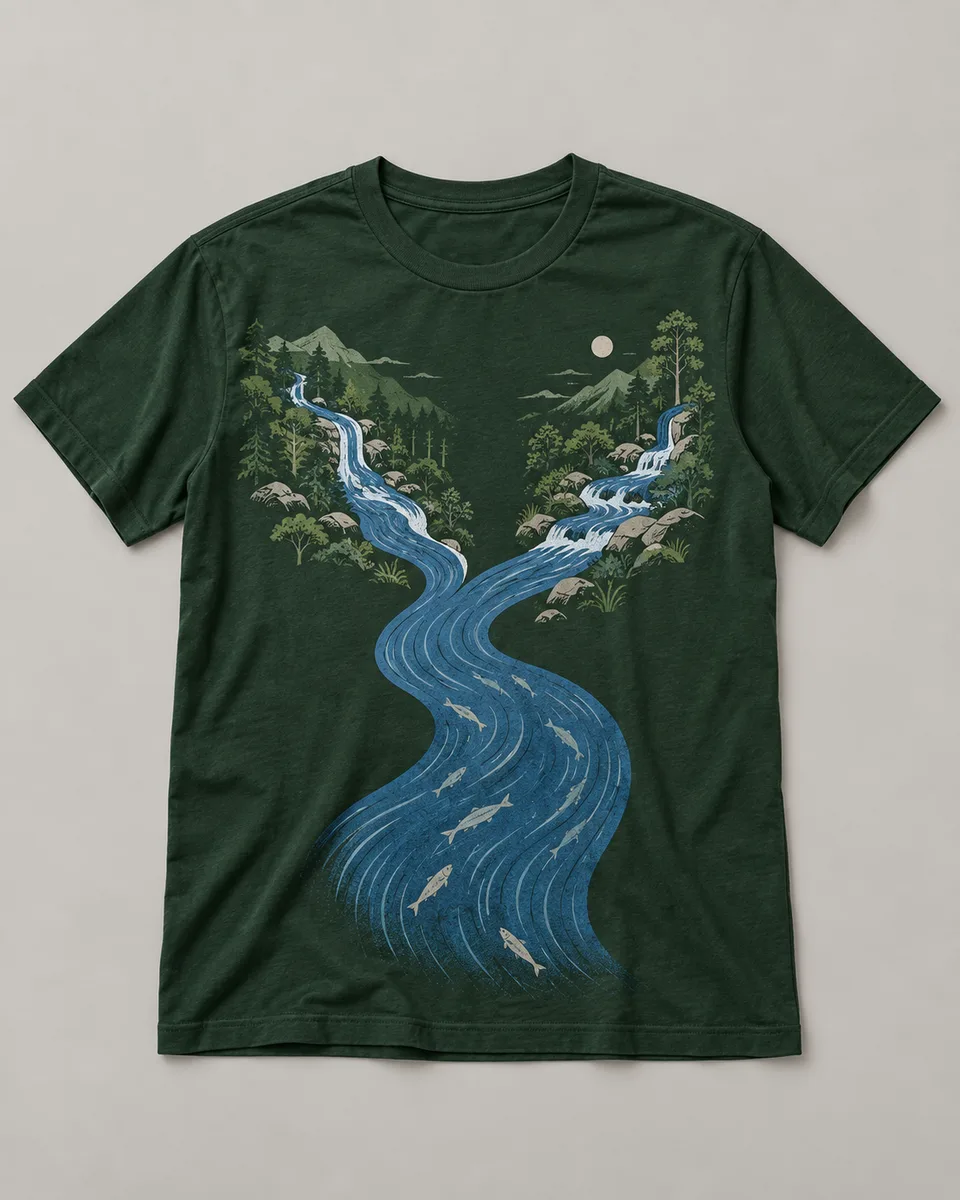 Proposta da camiseta Encontro das águas, verde-floresta
