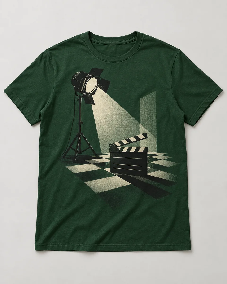 Proposta da camiseta Luz, sombra, ação, verde-floresta
