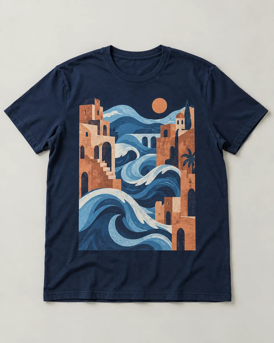Proposta da camiseta Maré urbana, azul-marinho