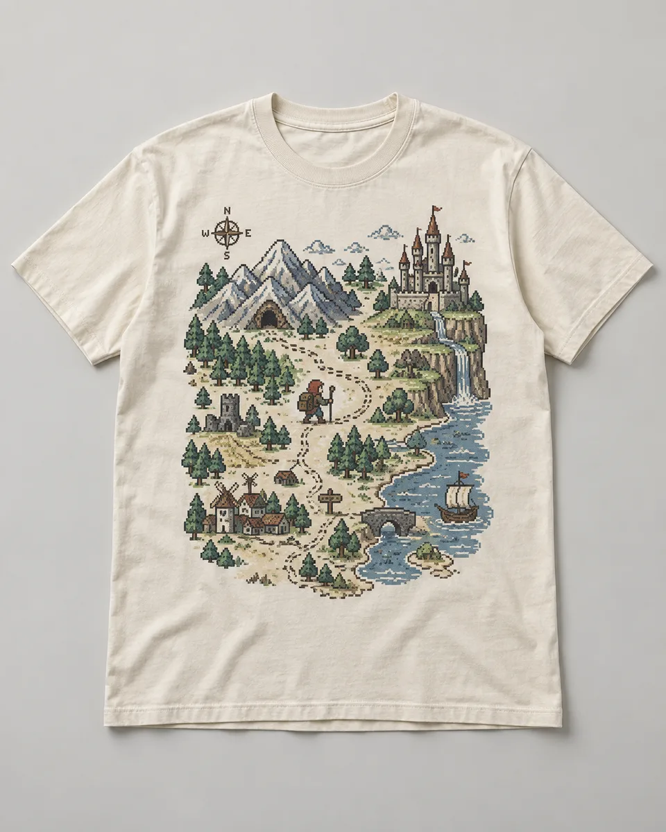 Proposta da camiseta Modo aventura, off-white