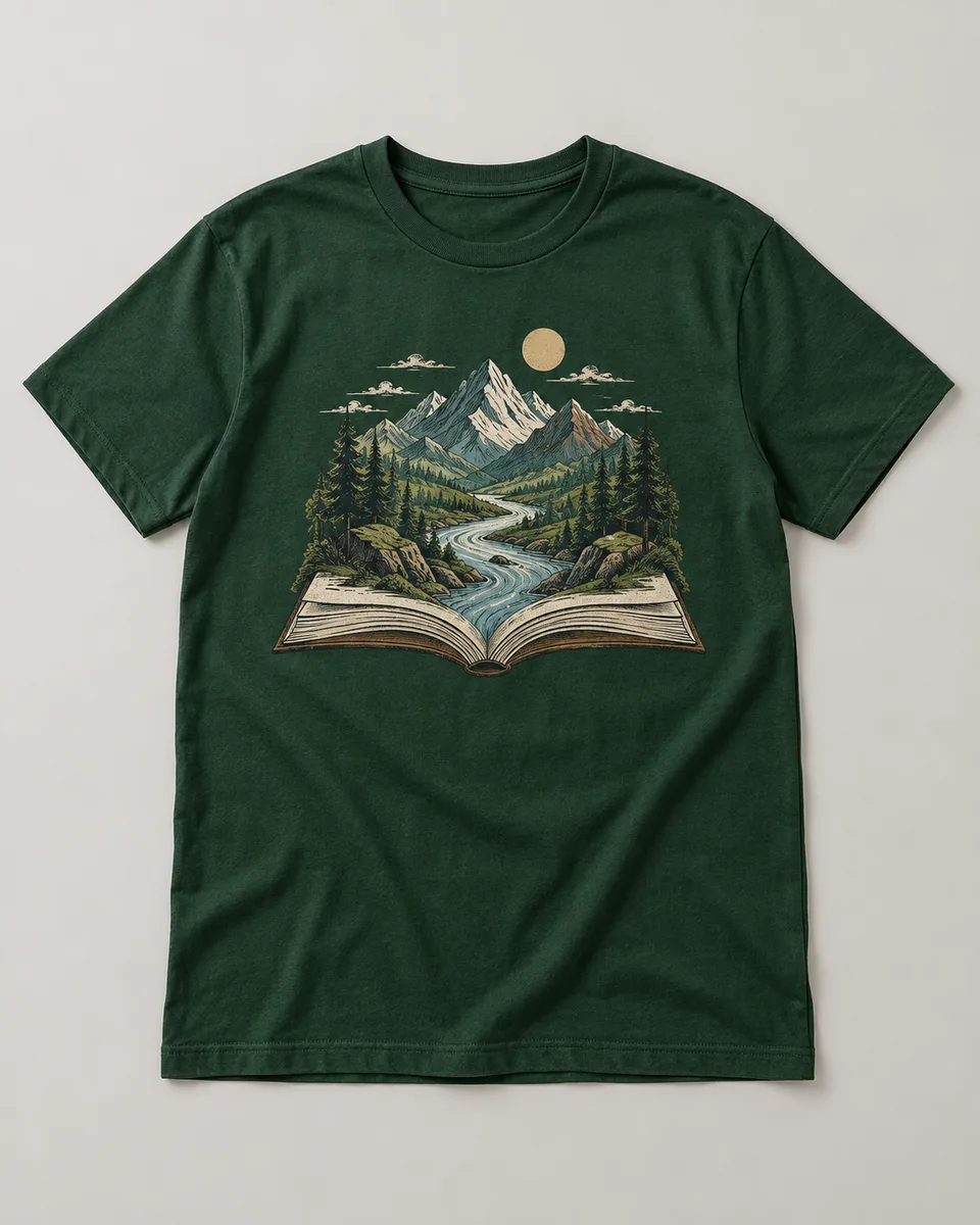 Proposta da camiseta Mundo em páginas, verde-floresta