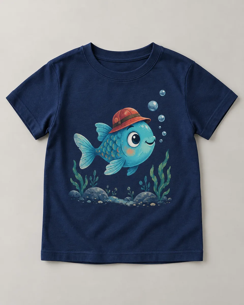 Proposta da camiseta Peixinho viajante, azul-marinho