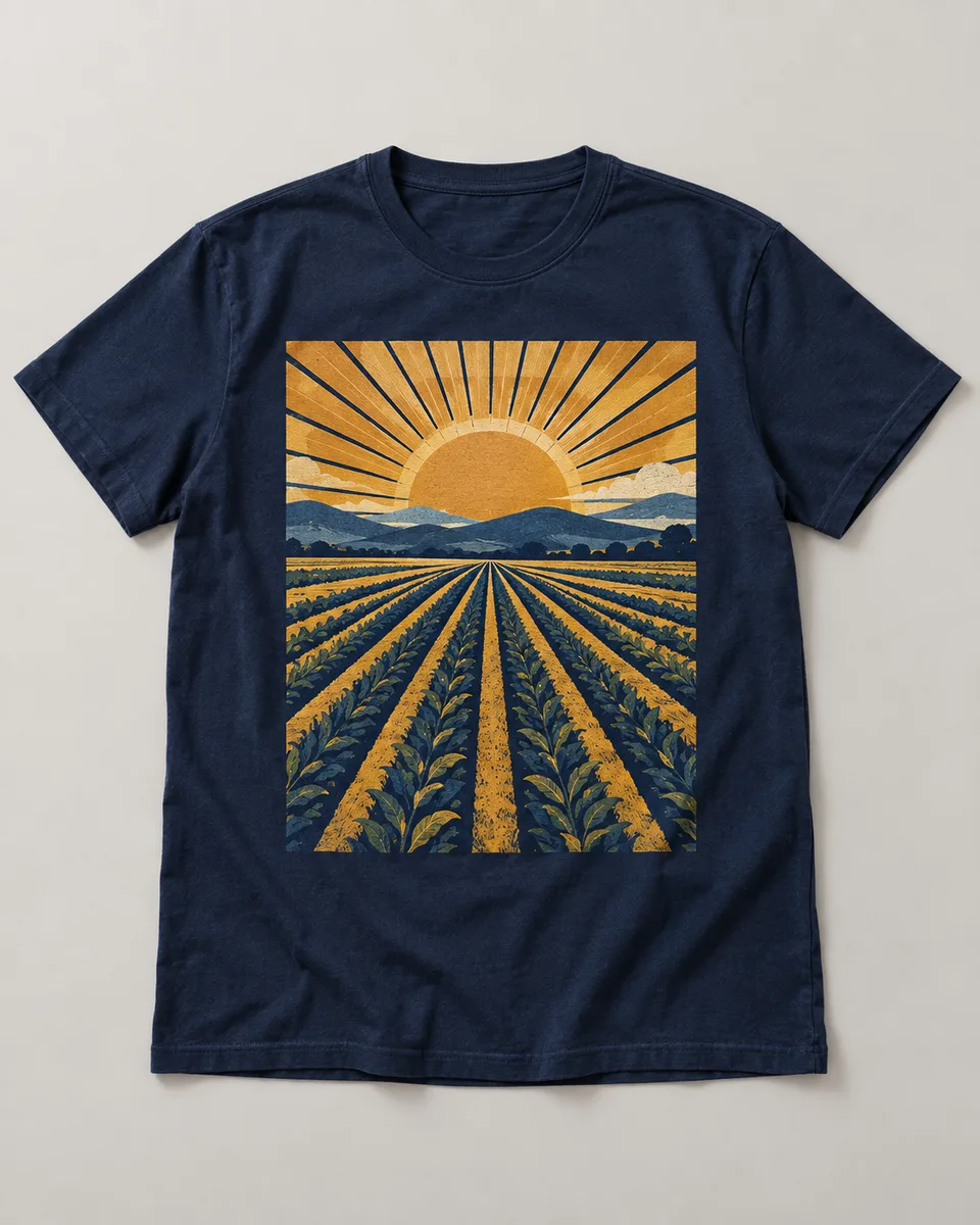 Proposta da camiseta Sol da lavoura, azul-marinho