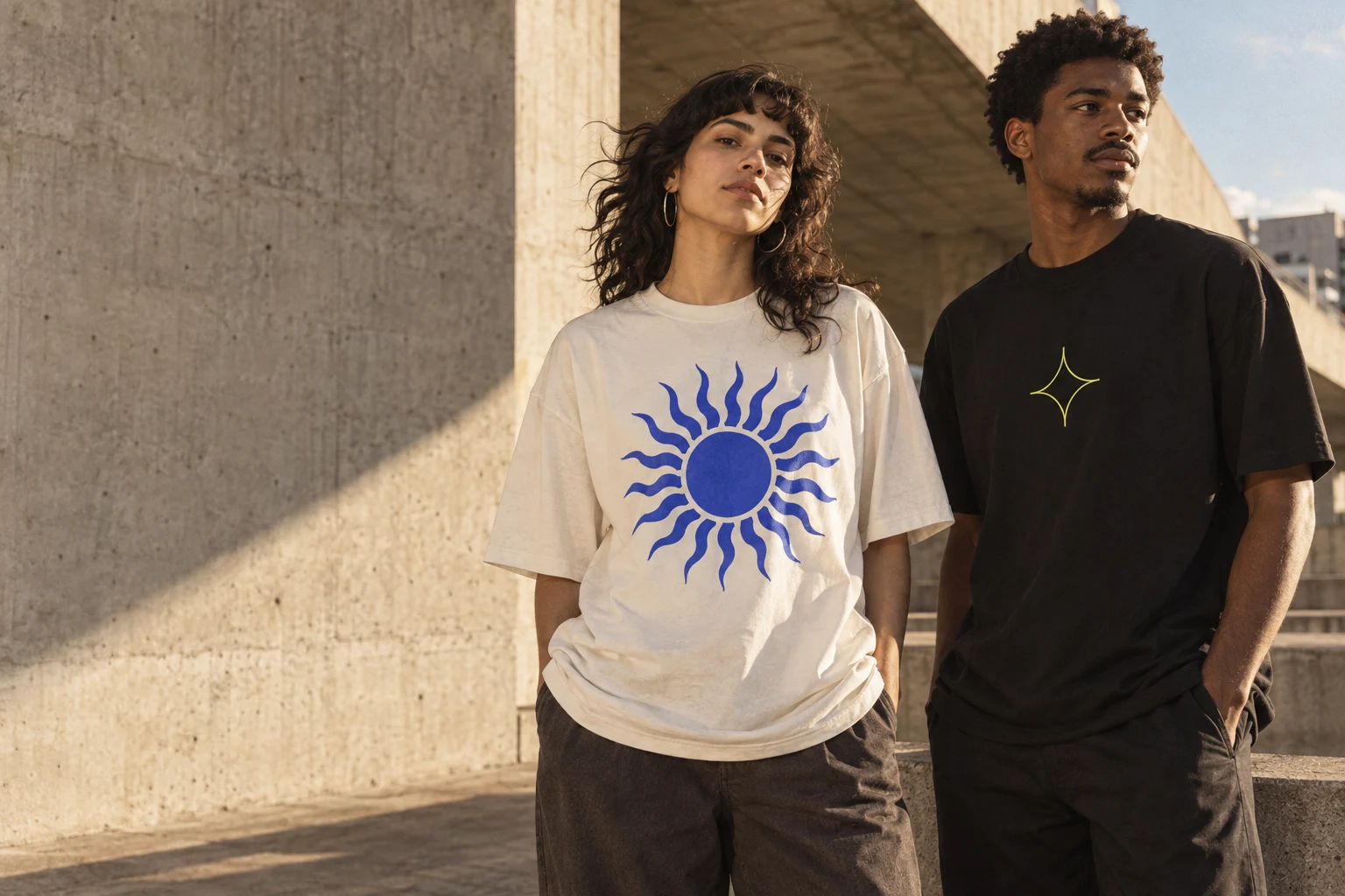 Conceito editorial: duas pessoas vestindo camisetas gráficas ao sol