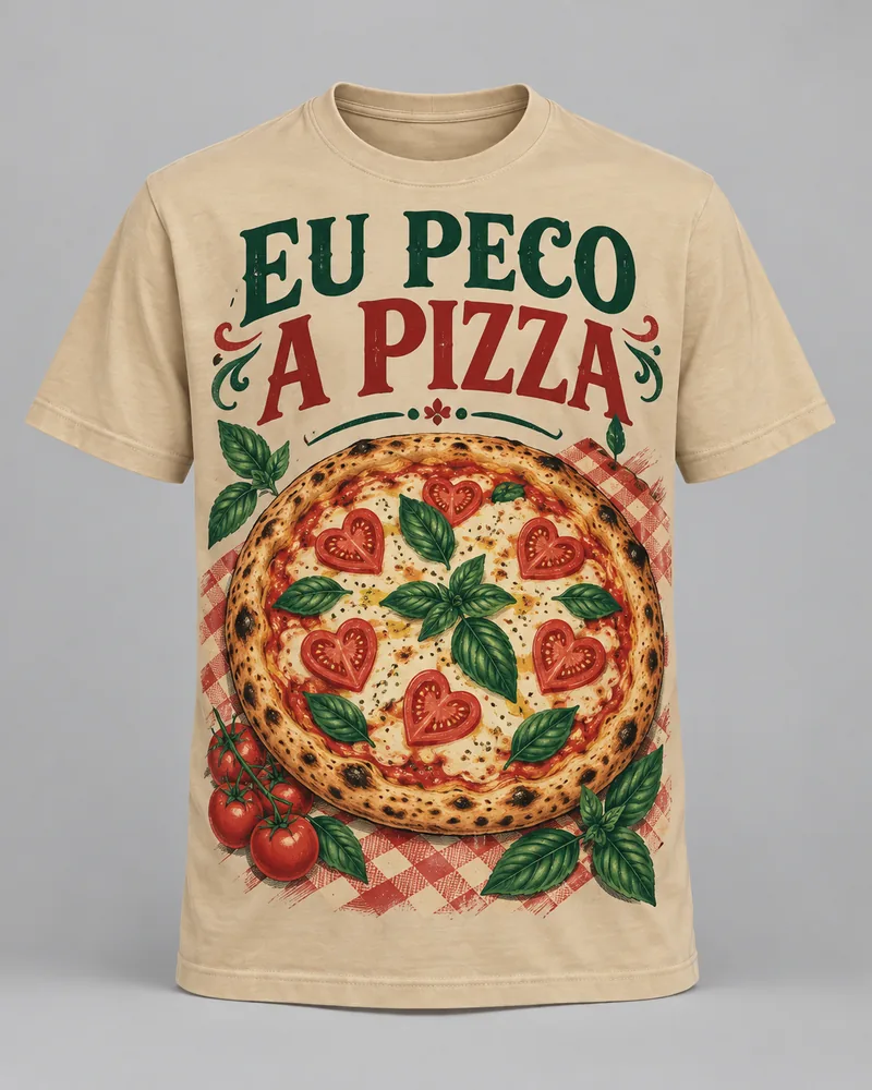 Proposta da camiseta Eu peço a pizza, areia