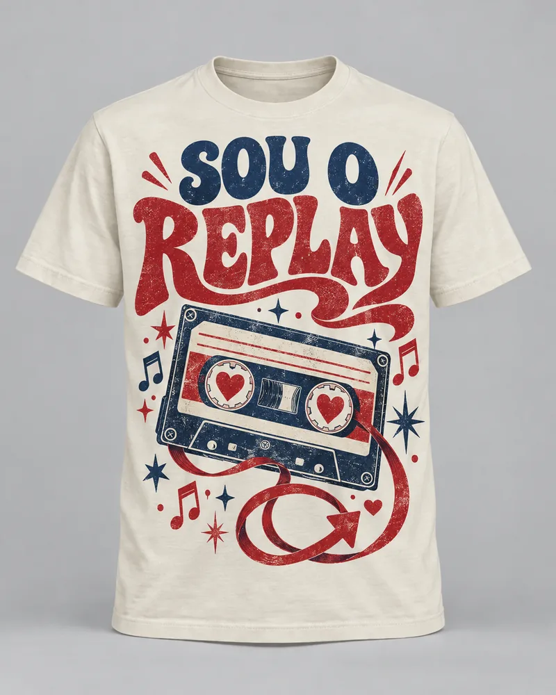 Proposta da camiseta Sou o replay, off-white