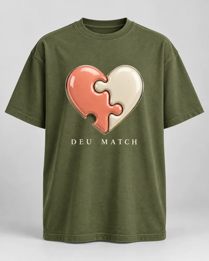 Proposta da camiseta A gente dá match, verde oliva