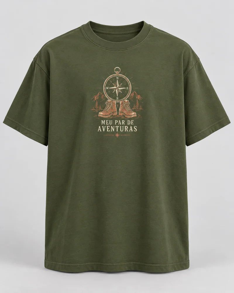 Proposta da camiseta Meu par de aventuras, verde oliva