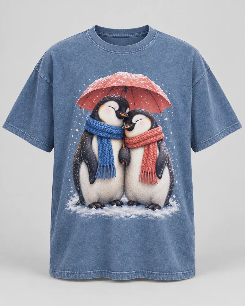 Proposta da camiseta Pinguins — Nós no frio, azul lavado