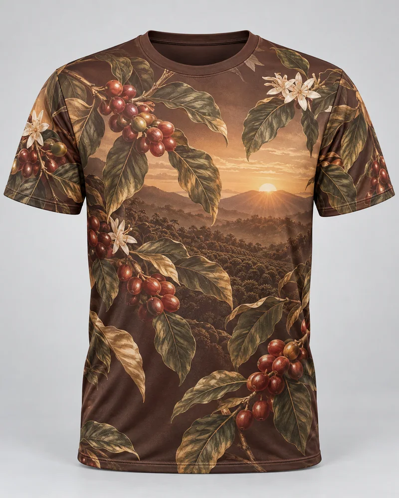 Proposta da camiseta Café — Origem brasileira, marrom