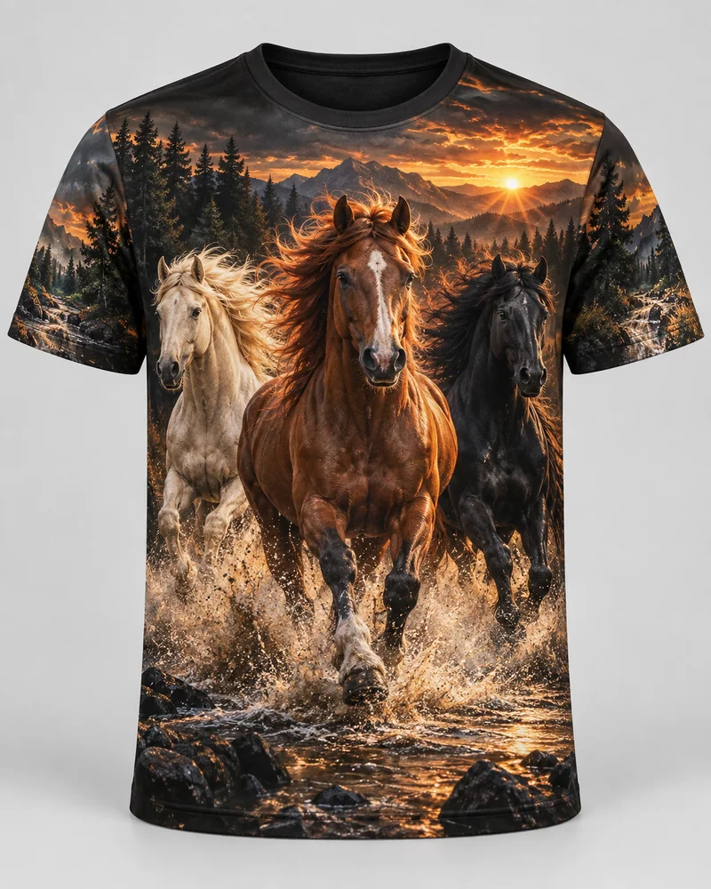 Proposta da camiseta Cavalos — Liberdade selvagem, preto