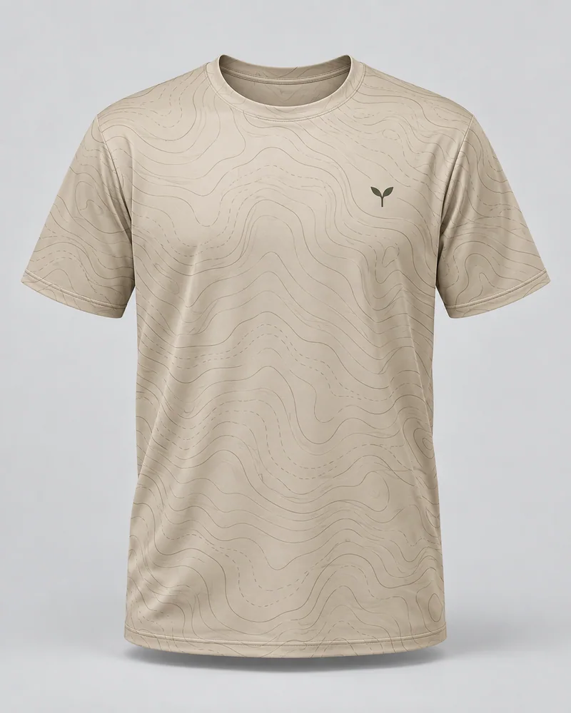 Proposta da camiseta Raiz — Relevo do campo, areia