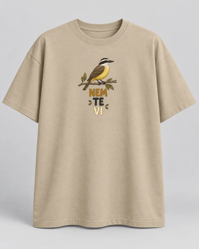 Proposta da camiseta Nem te vi — Passarinho, areia