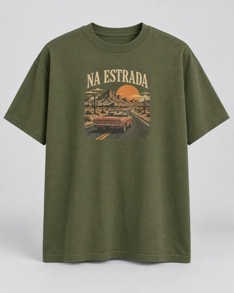 Proposta da camiseta Cinema de estrada, verde oliva