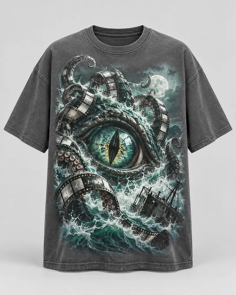 Proposta da camiseta Criatura do abismo, cinza lavado