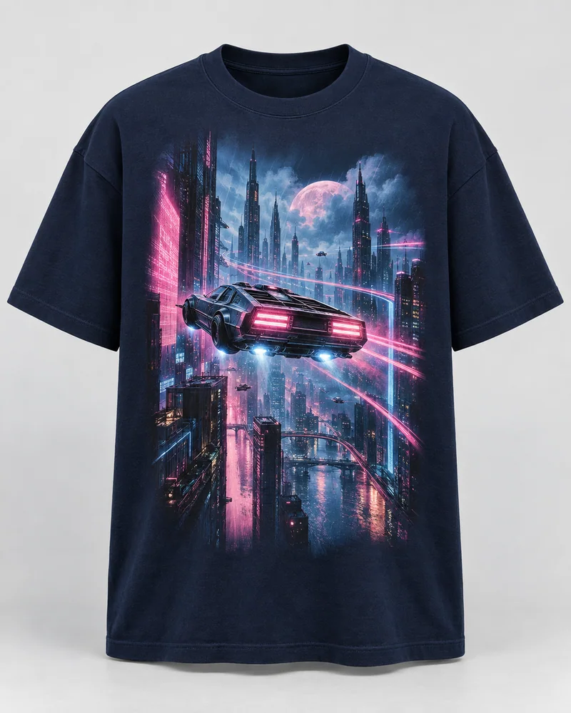 Proposta da camiseta Ficção de neon, azul-marinho